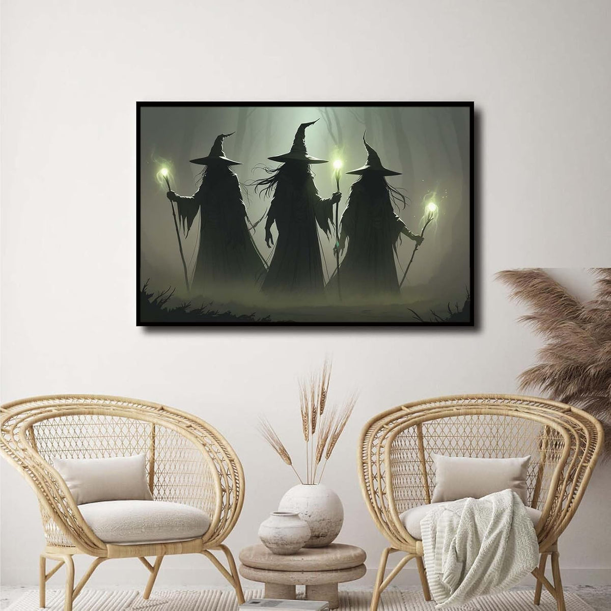 JFHCQJPK Vintage 3 witches canvas wall decor melancholy dark Halloween poster wall decor holding a staff print Gothic horror Halloween painting print for living room bedroom8x12in Metal blackFramed