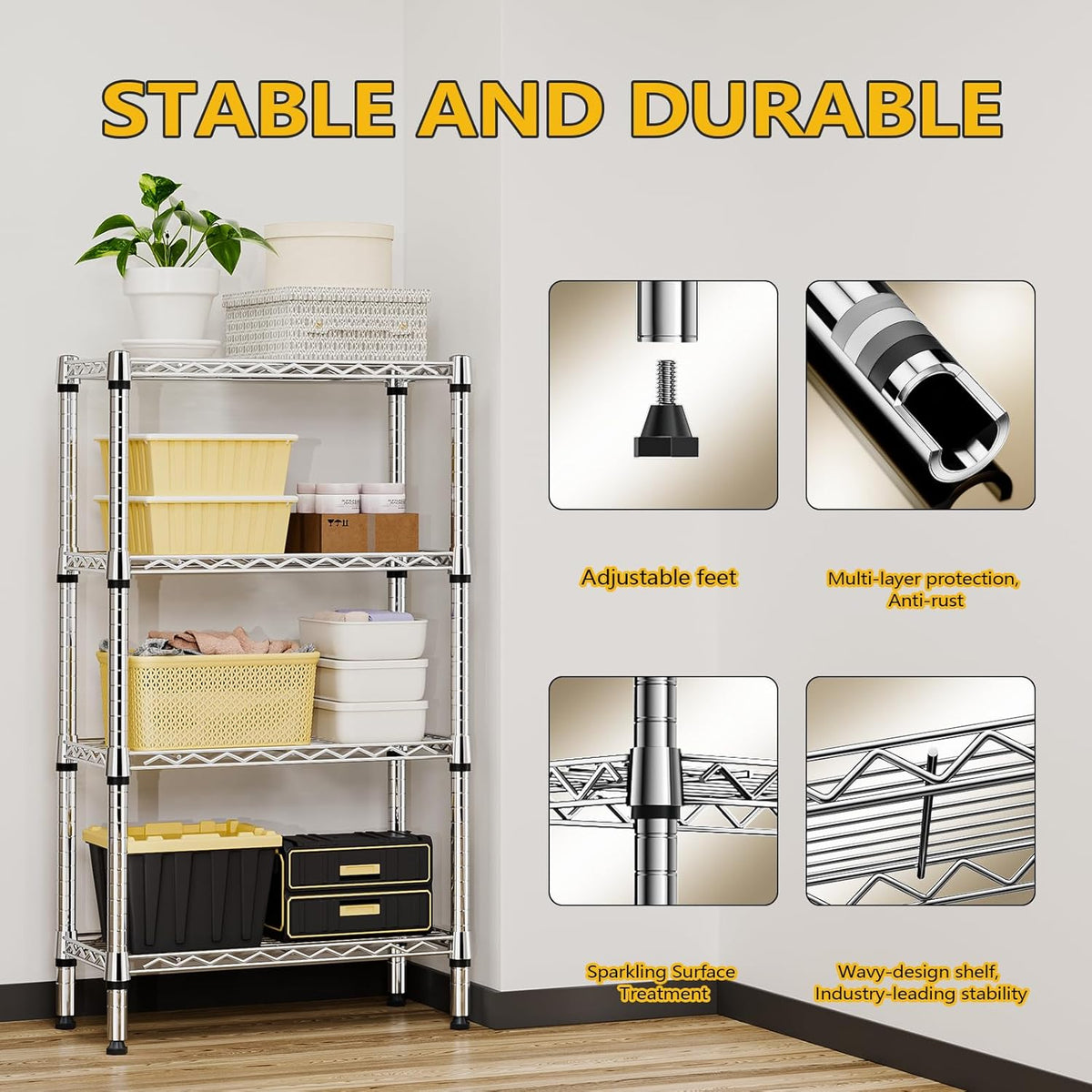 1000 lbs 4 Tier Shelf Metal Storage Shelves Wire Rack Closet Organizers for Garage Kitchen Bathroom Laundry Chrome 11.8" D x 25.6" W x 45.5" H - HavenBliss Decor