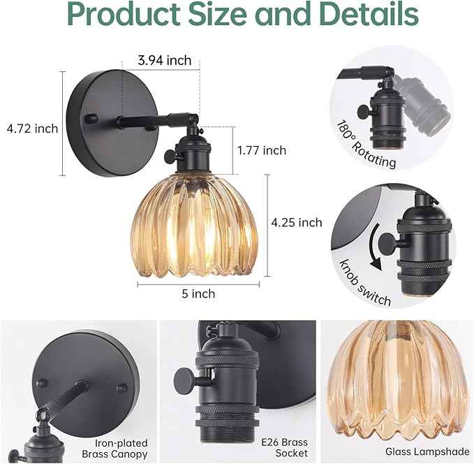 Vintage Wall Sconce with Amber Tulip Glass Lampshade 180 Degree Adjustable Black Sconce Hradwired Modern Wall Lighting Fixture with Switch for Bedside Bedroom Doorway