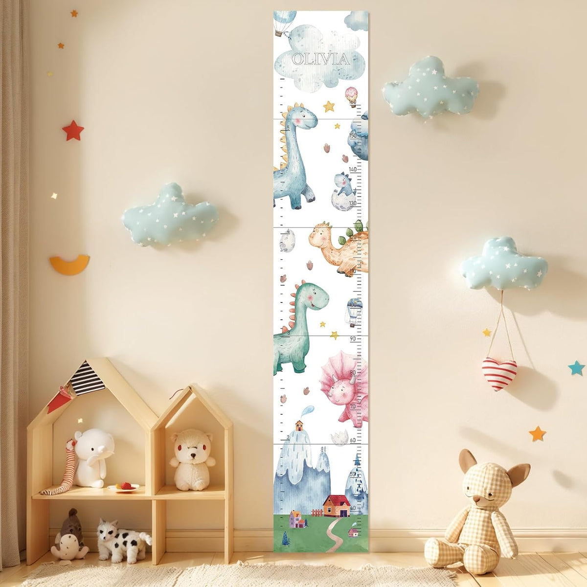 Personalized Name Growth Chart for Kids, Watercolor Dinosaur Height Measurement Chart for Children's Growth, Suitable for Both Boys and Girls, Removable and Easy to Store, Lightweight - HavenBliss Decor