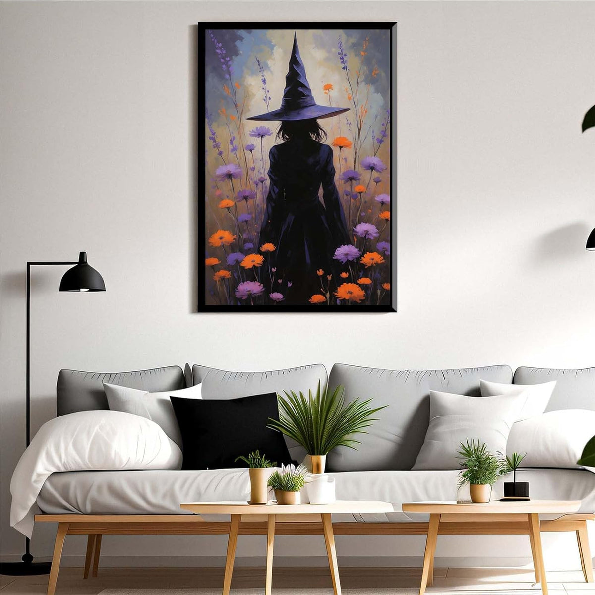 JFHCQJPK Country wildflower witch canvas print halloween mashup art witch purple decoration bohemian elegant art poster12x16in Metal blackFramed