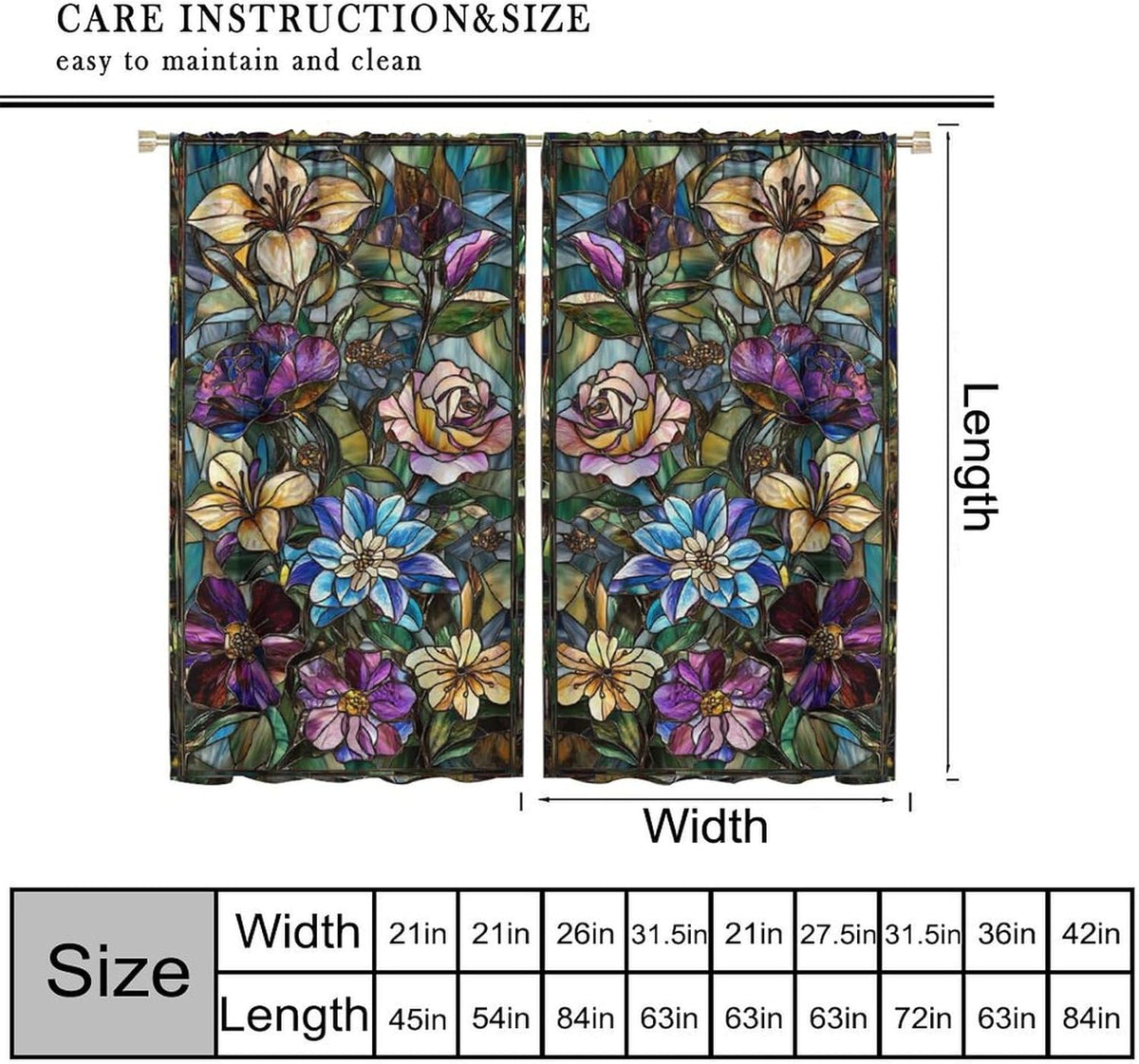 Stained Glass Curtains,Retro Colored Glass Flowers Art Home Decor Drapes for Bedroom Living Room Kitchen Window Treatment 2 Panels Set Total Size 42" W X 54" L Inch - HavenBliss Decor