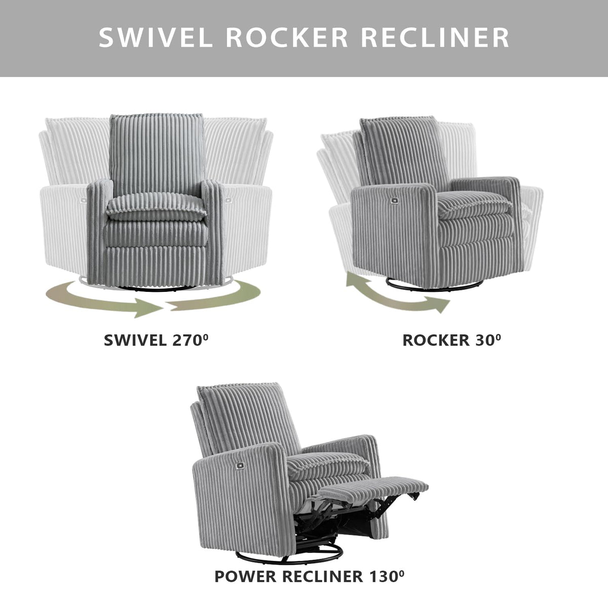 Uptown Power Glider Recliner Rocking Chair 270° Swivel for Nursery and Living Room