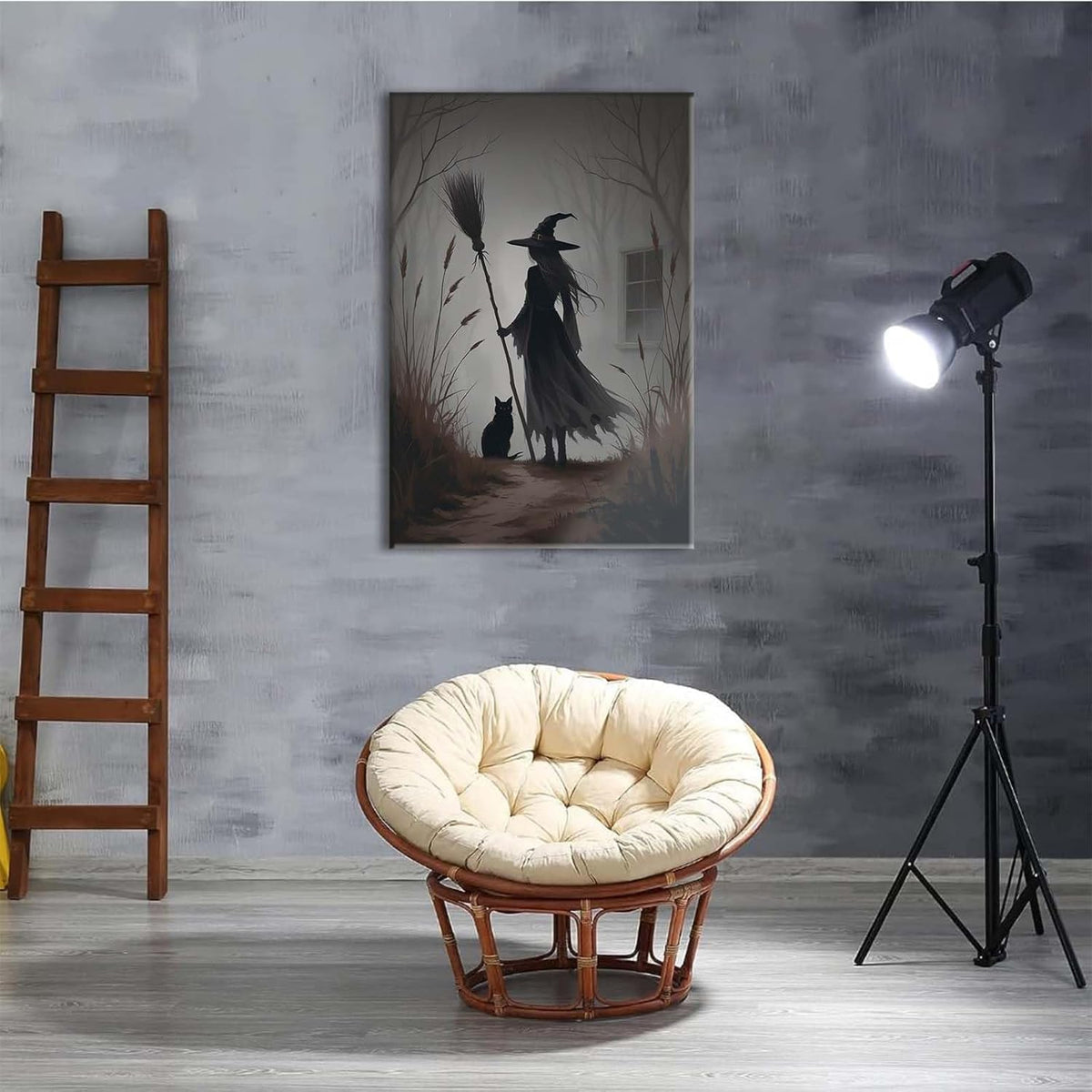 Vintage forest witch and black cat poster Halloween mural poster decoration mural art magic suitable for home living room bedroom16x24in Wood Framed