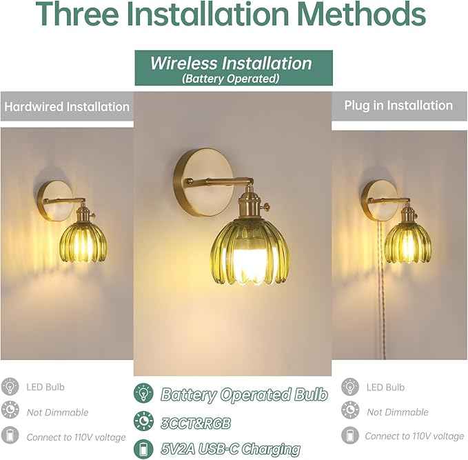 Vintage Battery Operated Wall Sconce with Green Tulip Glass Lampshade Rechargeable Battery Powered Wall Light with Remote Control for Bedside Bedroom Doorway