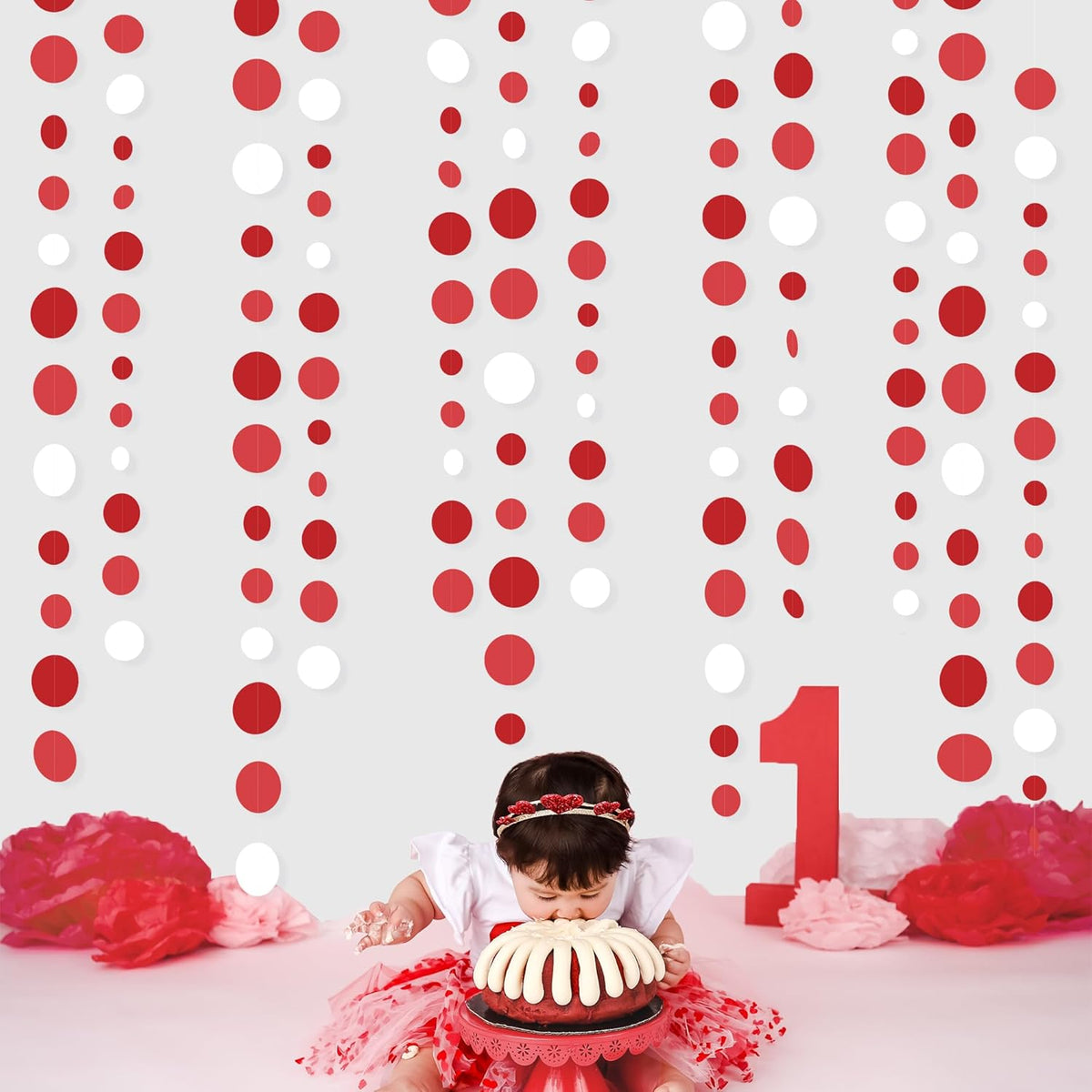 46 Ft Red Party Decorations Polka Dots Garlands Red and White Hanging Paper Circle Dots Streamer for Valentines Anniversary Birthday Graduation Wedding Christmas Holiday Bridal Shower Party Supplies - HavenBliss Decor