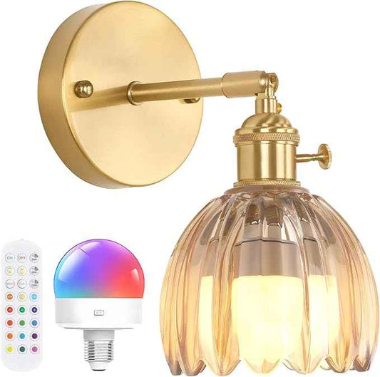 Vintage Battery Operated Wall Sconce with Amber Tulip Glass Lampshade Rechargeable Battery Powered Wall Light with Remote Control for Bedside Bedroom Doorway