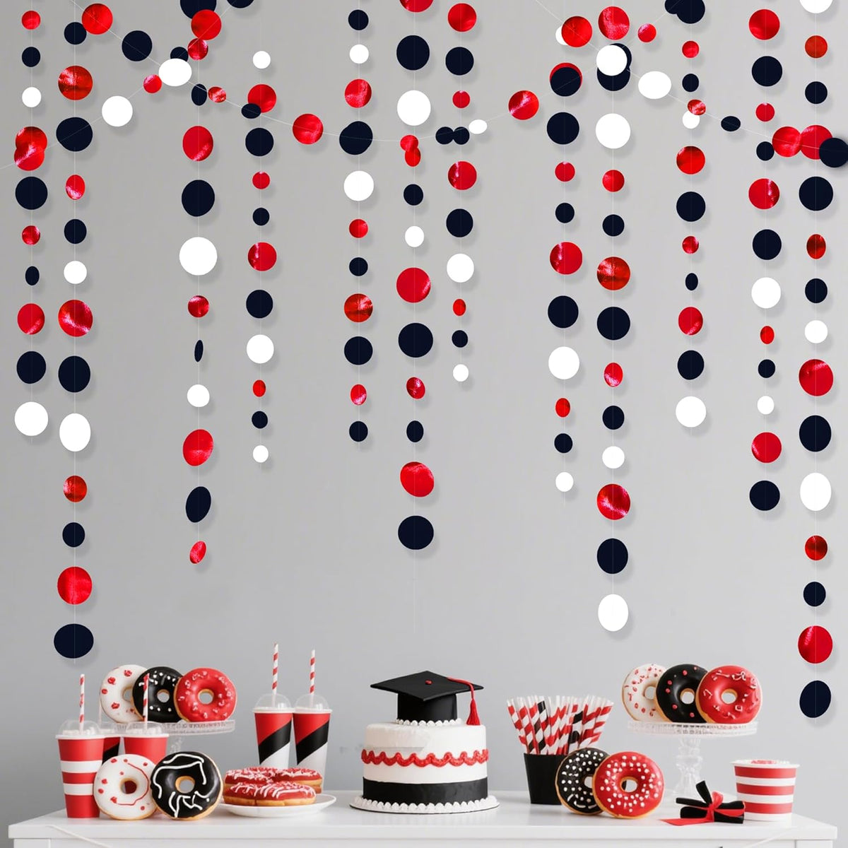 46 Ft Red Black and White Circle Dots Garland Hanging Paper Polka Dots Streamer for Graduations Birthday Bachelorette Engagement Wedding Bridal Shower Holiday Casino Poker Pirate Party Decorations - HavenBliss Decor