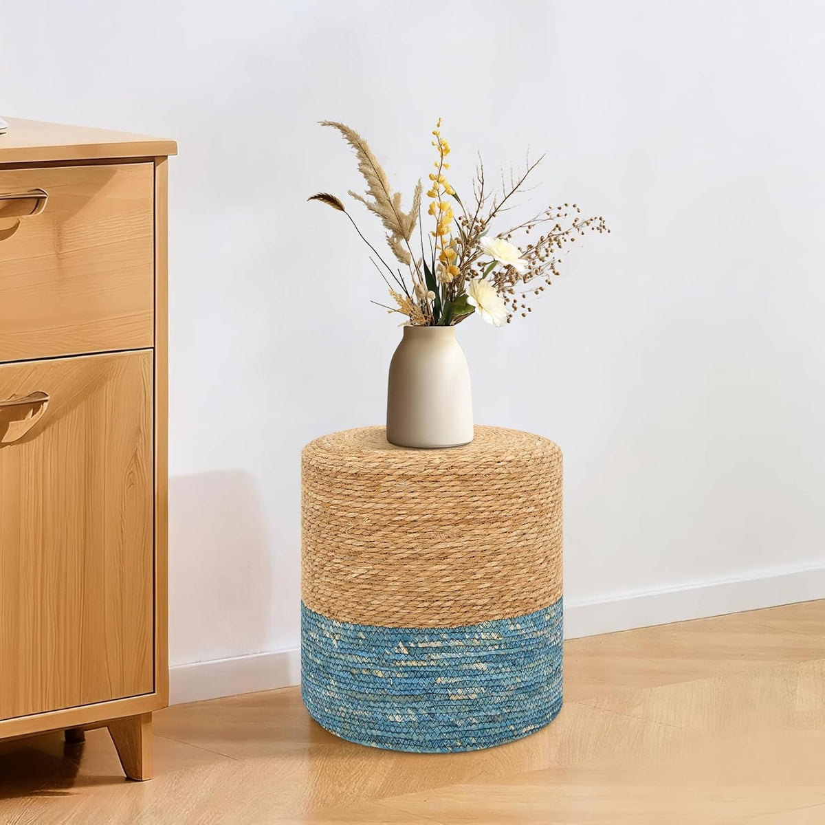 Pouf Ottomans, Handwoven Natural Straw Footstool, Round Braided Outdoor Patio Stool with Wood Frame, Boho Decor Accent Seat Balcony, or Garden (Blue)