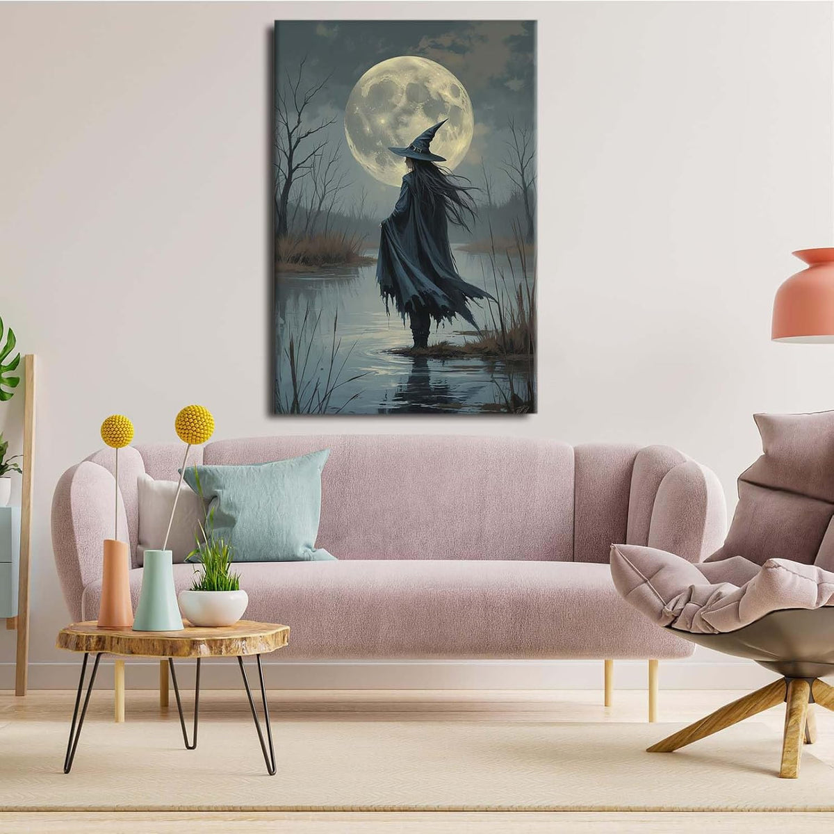 Witch in the moonlight magic canvas wall art enchanting Halloween home decor swamp witch silhouette oil painting mysterious gothic aesthetic wall decor print poster16x24in Wood Framed