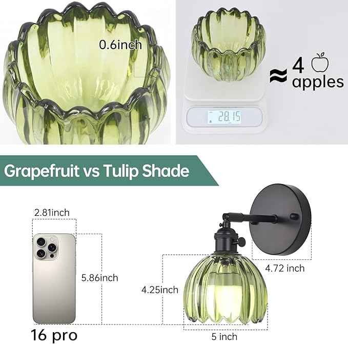 Vintage Battery Operated Wall Sconce with Green Tulip Glass Lampshade Rechargeable Battery Powered Black Wall Light with Remote Control for Bedside Bedroom Doorway