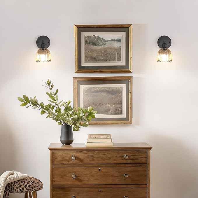 Vintage Battery Operated Wall Sconce with Amber Tulip Glass Lampshade Rechargeable Battery Powered Black Wall Light with Remote Control for Bedside Bedroom Doorway