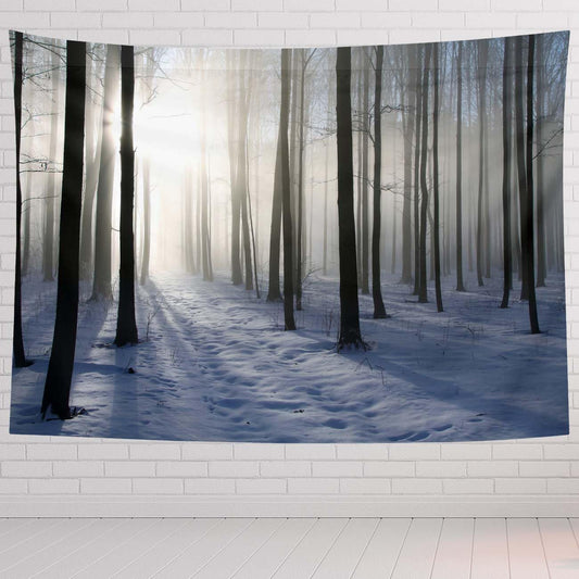 Winter Tapestry For Bedroom Path In Winter Forest On A Misty Morning Tapestries Wall Hanging For Living Room Dorm Office 60×50 In - HavenBliss Decor