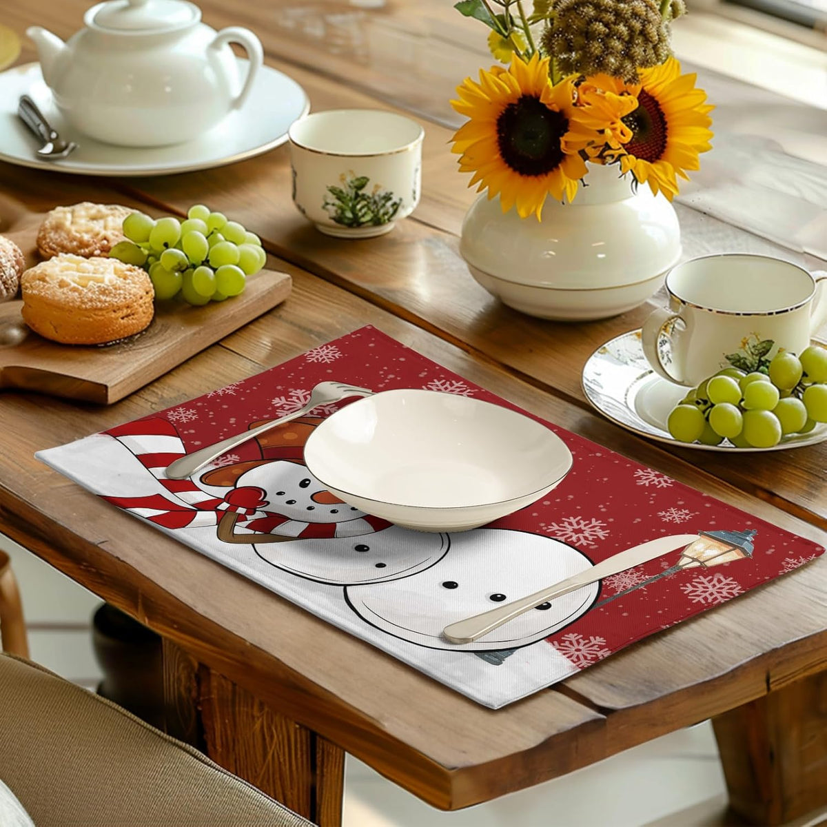 Red Snowman Snowflake Christmas Placemats Set of 4 Seasonal Winter Linen Table Mats 12x18 Inch Xmas Holiday Snow Farmhouse Rustic Washable Place Mat for Party Kitchen Dining Outdoor Indoor Decor