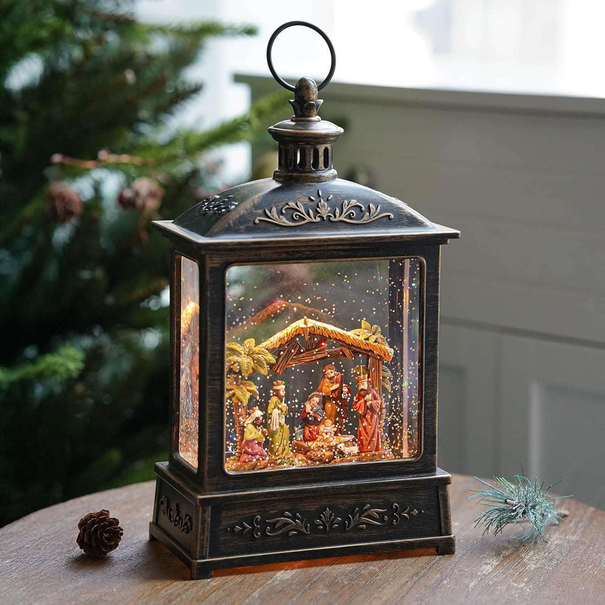 12.5'' Christmas Snow Globe Lighted Manger Nativity Scene, Musical Water Lantern Play Silent Night Music in Swirling Glitter, for Home, Battery Operated or USB Powered