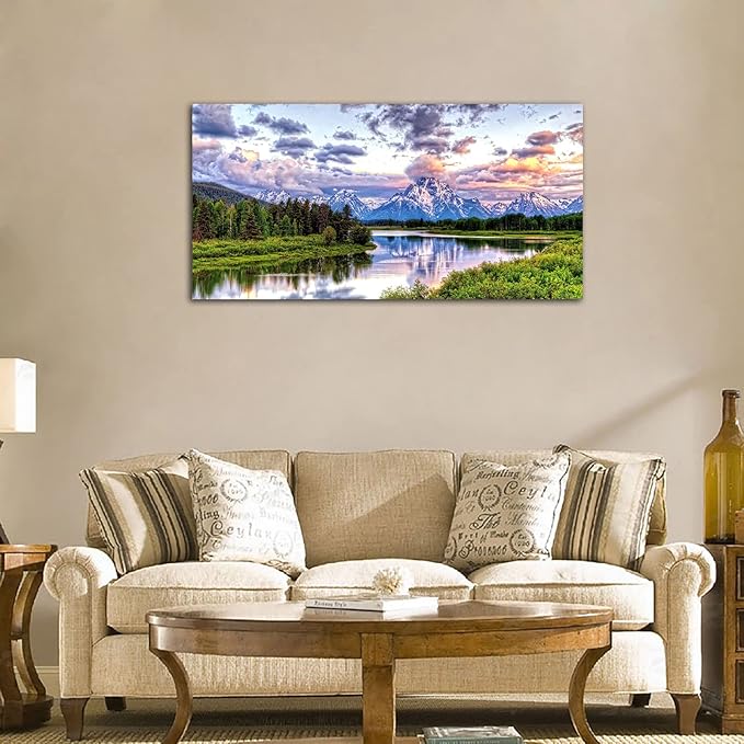 Landscape Canvas Wall Art Nature Picture Oxbow Bend Grand Teton National Park Modern Canvas Artwork River and Forest Contemporary Wall Art Large Size for Home Office Decoration 24" x 48"