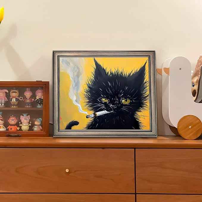 Vintage Framed Wall Decor Black Cat Painting Cat Portrait Wall Art Canvas Print Poster for Mens Room Bathroom Decor