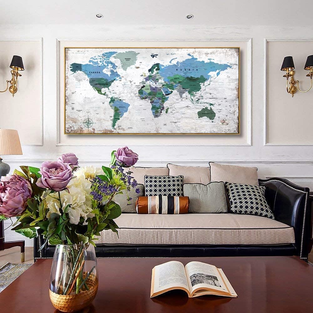 Framed Wall Art World Map Wall Art Canvas Picture 30inchx60inch Large Blue Map of The World Canvas Painting Artwork Prints for Office Wall Decor Home Living Room Decorations Framed Ready to Hang