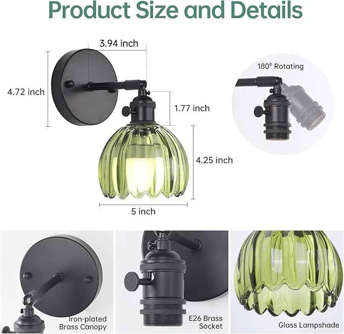 Vintage Battery Operated Wall Sconce with Green Tulip Glass Lampshade Rechargeable Battery Powered Black Wall Light with Remote Control for Bedside Bedroom Doorway