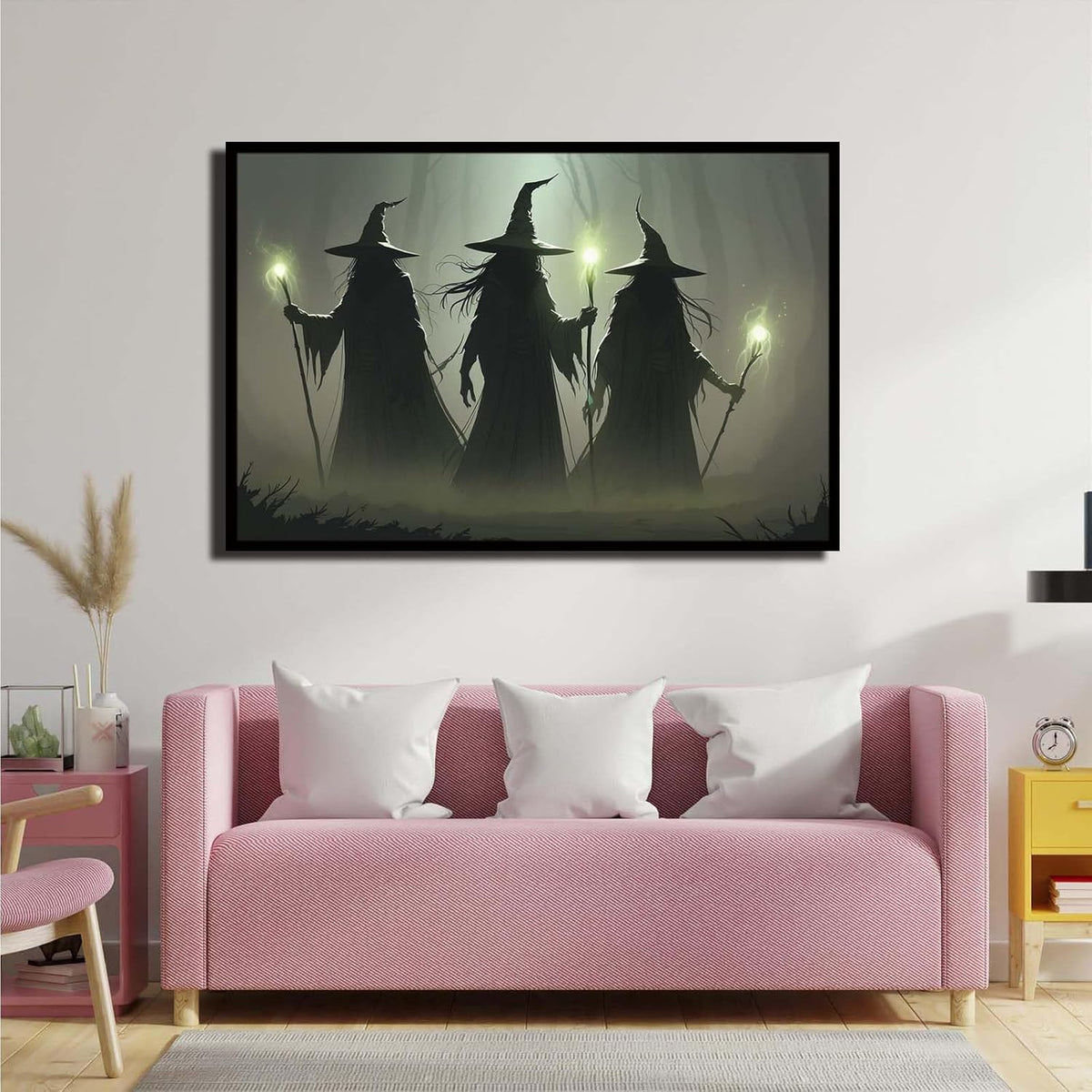 JFHCQJPK Vintage 3 witches canvas wall decor melancholy dark Halloween poster wall decor holding a staff print Gothic horror Halloween painting print for living room bedroom8x12in Metal blackFramed