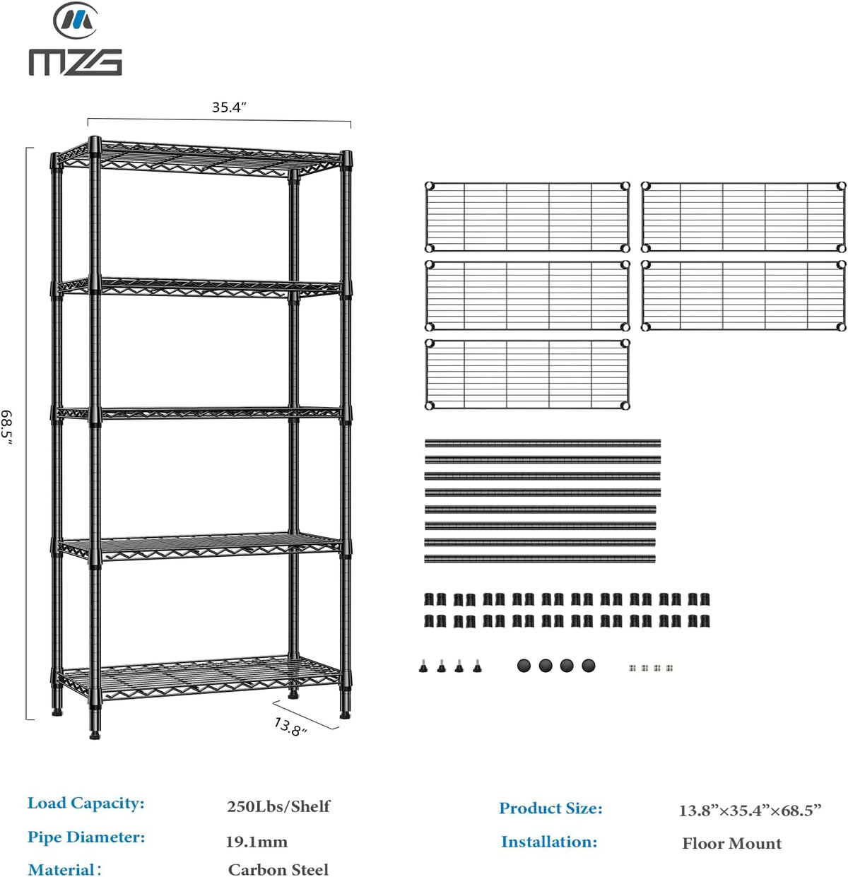 1250 lbs 5 Tier Shelf Metal Storage Shelves Shelving Wire Rack Heavy Duty Closet Organizers for Garage Kitchen Bathroom Laundry Black 13.8" D x 35.4" W x 68.5" H - HavenBliss Decor
