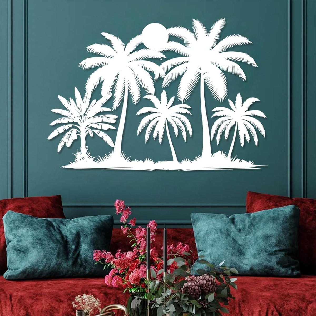 Tuglona Metal Palm Tree with Sunset Wall Decor, Tropical Palm Tree Metal Wall Art, Tropical Wall Decor, Sun Wall Art, Beach Wall Decoration, Coastal Trees Wall Hanging (White, 53"x37"/135x93cm) - HavenBliss Decor