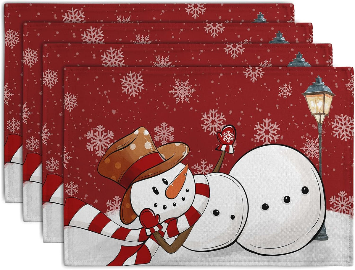 Red Snowman Snowflake Christmas Placemats Set of 4 Seasonal Winter Linen Table Mats 12x18 Inch Xmas Holiday Snow Farmhouse Rustic Washable Place Mat for Party Kitchen Dining Outdoor Indoor Decor