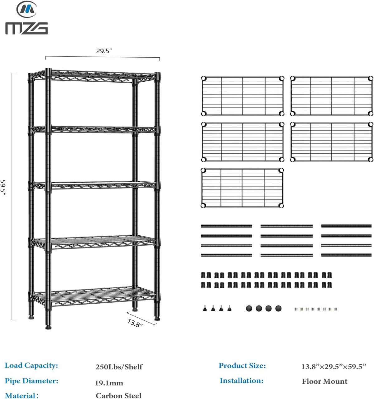 1250 lbs 5 Tier Shelf Metal Storage Shelves Shelving Wire Rack Heavy Duty Closet Organizers for Garage Kitchen Bathroom Laundry Black 13.8" D x 29.5" W x 59.5" H - HavenBliss Decor