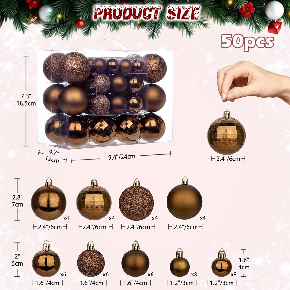 50pcs Christmas Ball Ornaments Brown Shatterproof Christmas Tree Ball Decorations Xmas Tree Large Xmas Ornaments Balls with Hanging Loop for Xmas Wedding Holiday Party Wreath Home Decor