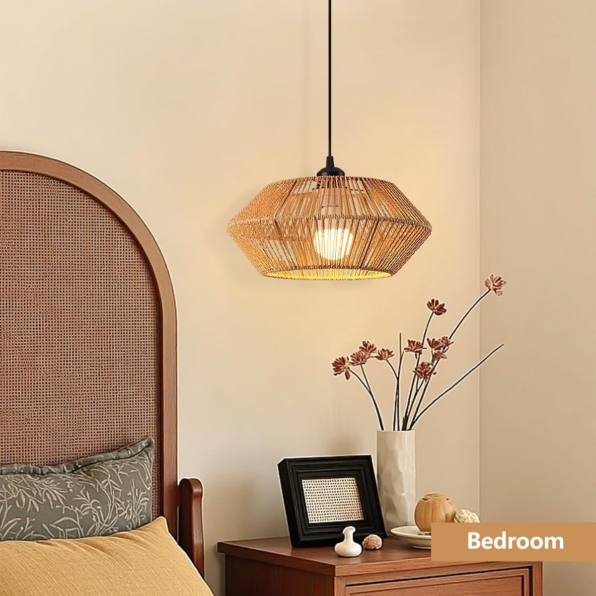 Rattan Pendant Light Fixture Ceiling Bohemian Chandelier Wicker Pendant Light 12.2in Woven Hanging lamp for Bedroom Kitchen Island Hallway