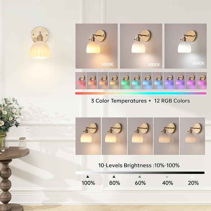 Vintage Battery Operated Wall Sconce with White Tulip Glass Lampshade Rechargeable Battery Powered Wall Light with Remote Control for Bedside Bedroom Doorway