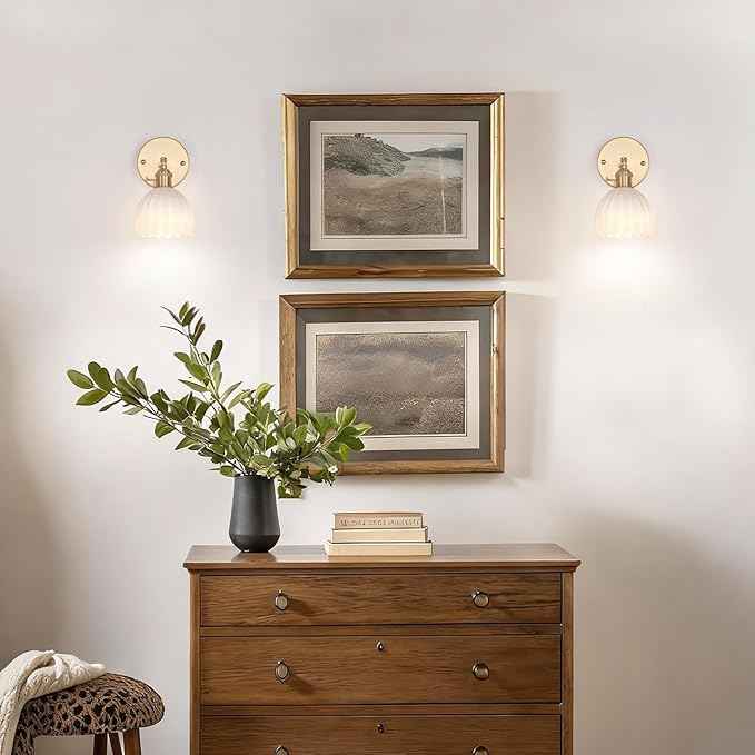 Vintage Battery Operated Wall Sconce with White Tulip Glass Lampshade Rechargeable Battery Powered Wall Light with Remote Control for Bedside Bedroom Doorway