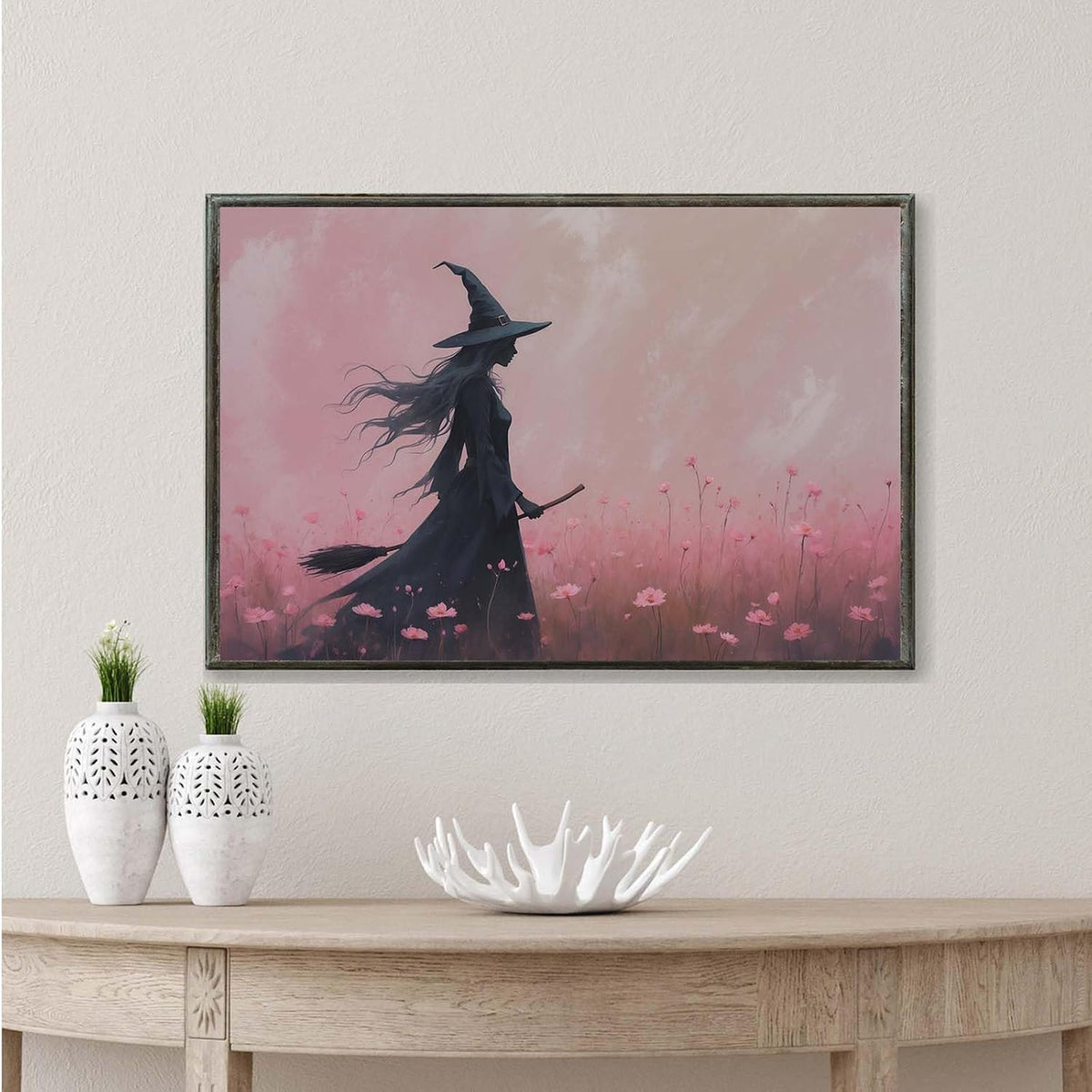 JFHCQJPK Witch in the pink sea of flowers Halloween prints weird flowers wall art silhouette painting fashionable romantic decoration suitable for bedroom16x24in Metal blackFramed