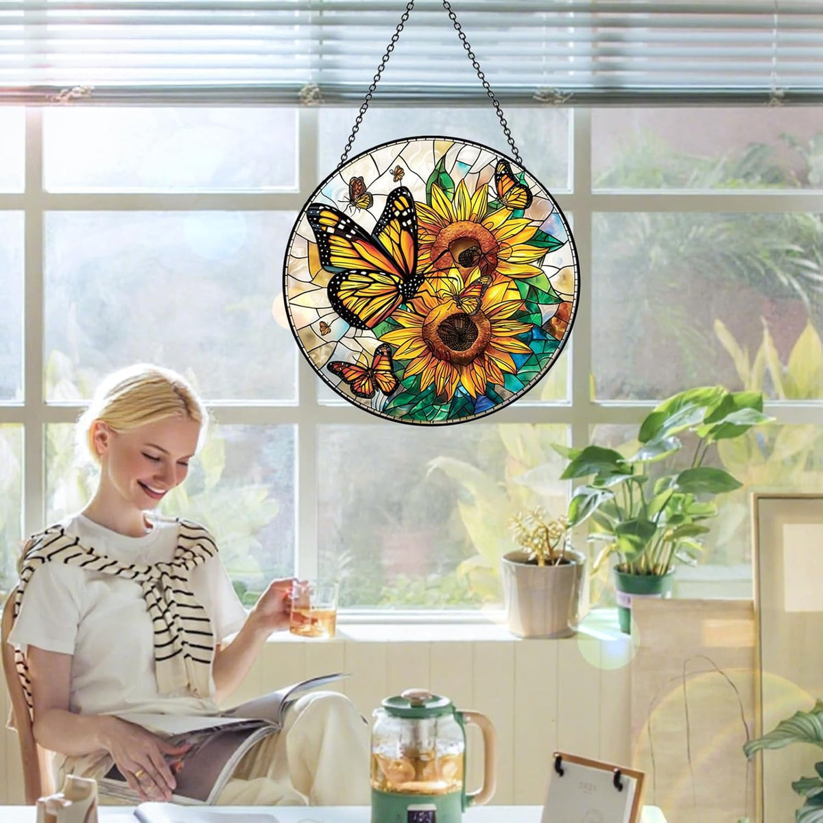 Stained Glass Window Hanging – Double-Sided Glass Sun Catcher with Chain – Memorial Window Art Panel for Home Décor, Spiritual Comfort, and All-Occasion Gifting - HavenBliss Decor