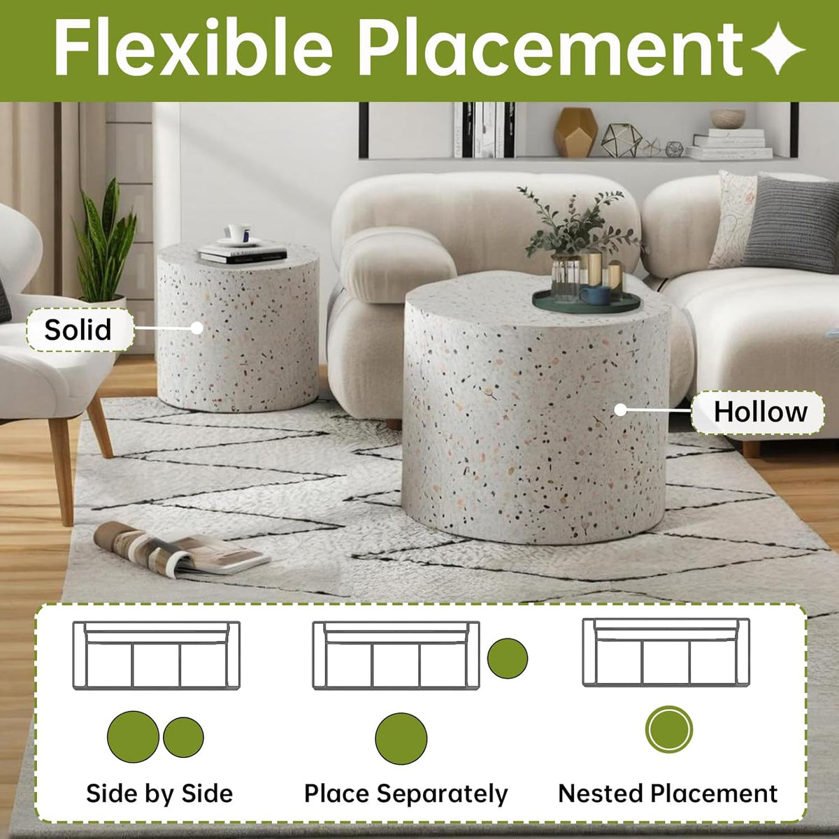 Round Nesting Coffee Table, Drum Wood Coffee Table Set of 2 Marble-Color, Modern Nesting Tables Circle Center Table 2 Piece for Small Spaces Living Room Bedroom Balcony Office, No Assembling - HavenBliss Decor