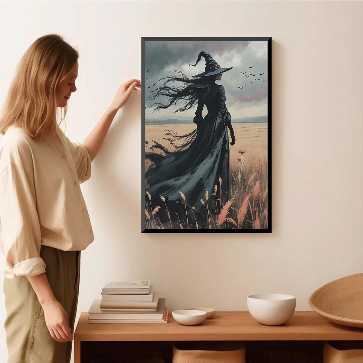 JFHCQJPK Gothic Decor Canvas Wall Art Witch in Rice Field Halloween Art Decor Print Nature Print Victorian Home Bedroom12x16in Metal blackFramed