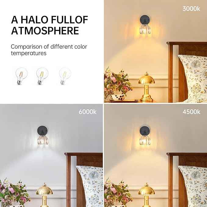 Vintage Wall Sconce with Amber Tulip Glass Lampshade 180 Degree Adjustable Black Sconce Hradwired Modern Wall Lighting Fixture with Switch for Bedside Bedroom Doorway