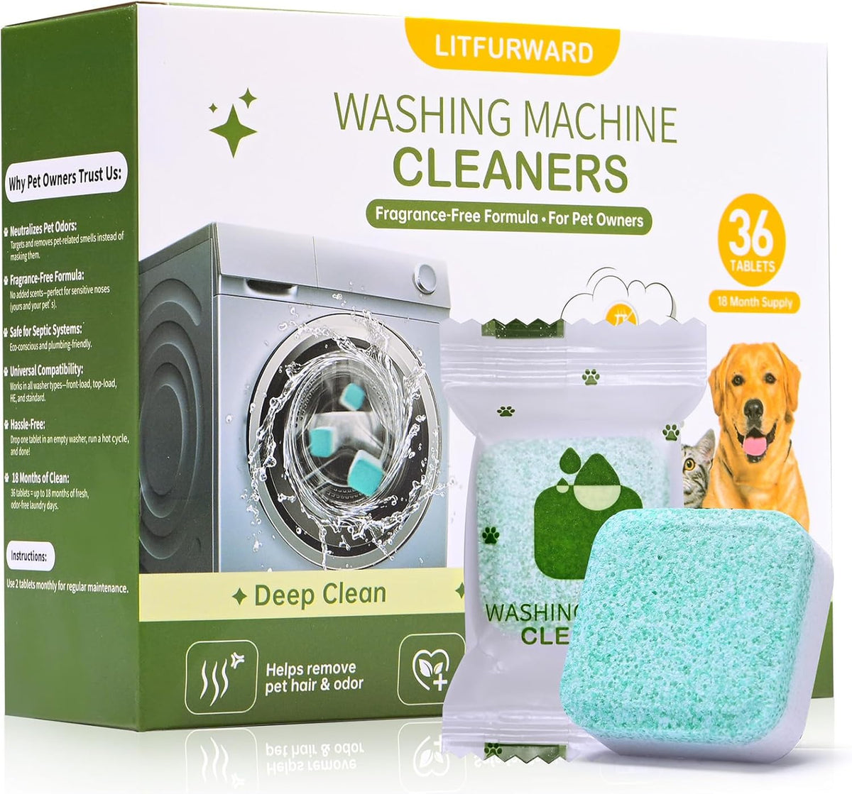 Washing Machine Cleaner Tablets – 36 Count, 18-Month Supply – Pet Hair & Odor Remover – Safe for Septic, Works with All Washers – Unscented – Washer Cleaner for Pet Owners - HavenBliss Decor