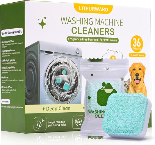 Washing Machine Cleaner Tablets – 36 Count, 18-Month Supply – Pet Hair & Odor Remover – Safe for Septic, Works with All Washers – Unscented – Washer Cleaner for Pet Owners - HavenBliss Decor