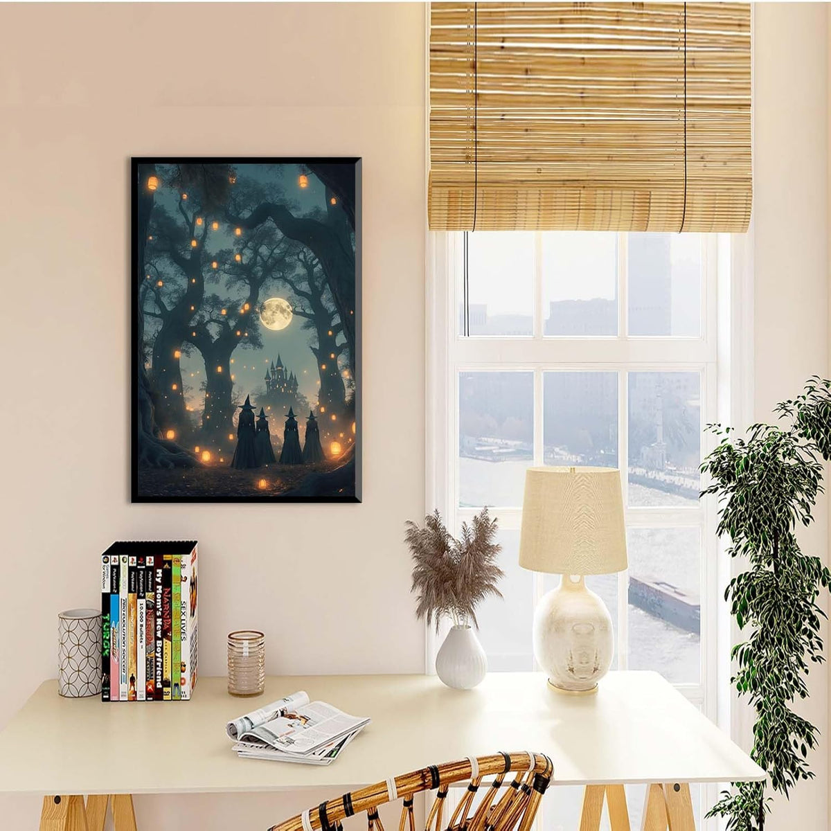 JFHCQJPK Mysterious creek painting witch and castle in magic forest art print canvas gothic print dark college decoration poster for home bedroom16x24in Metal blackFramed