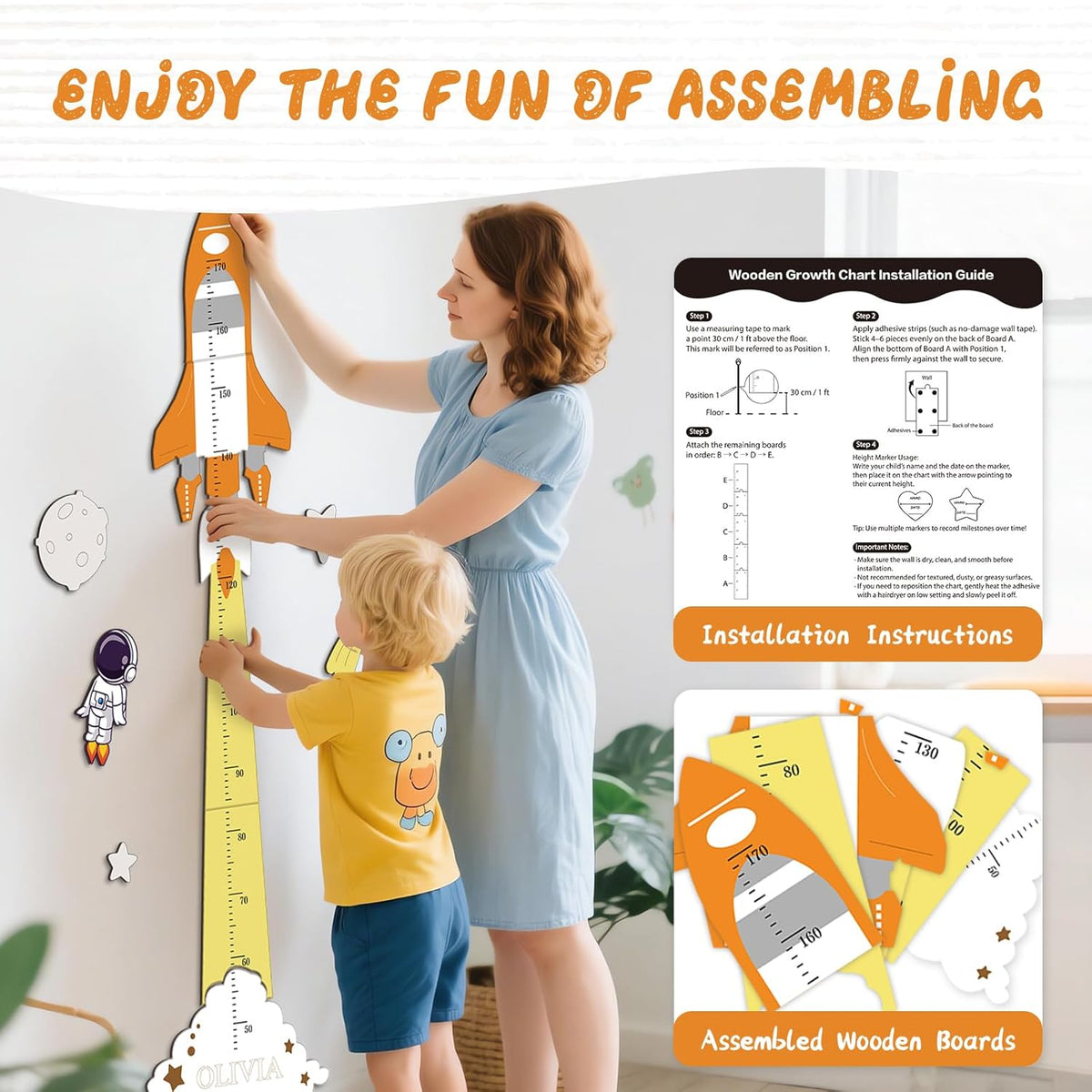 Personalized Name Height Chart for Kids, Cute Rocket Wooden Growth Chart for Kids, Wall Height Chart for Children, Cute Wall Ruler for Kids, Track Height Measurement, Easy to Install - HavenBliss Decor