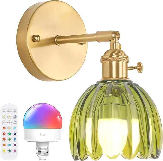 Vintage Battery Operated Wall Sconce with Green Tulip Glass Lampshade Rechargeable Battery Powered Wall Light with Remote Control for Bedside Bedroom Doorway