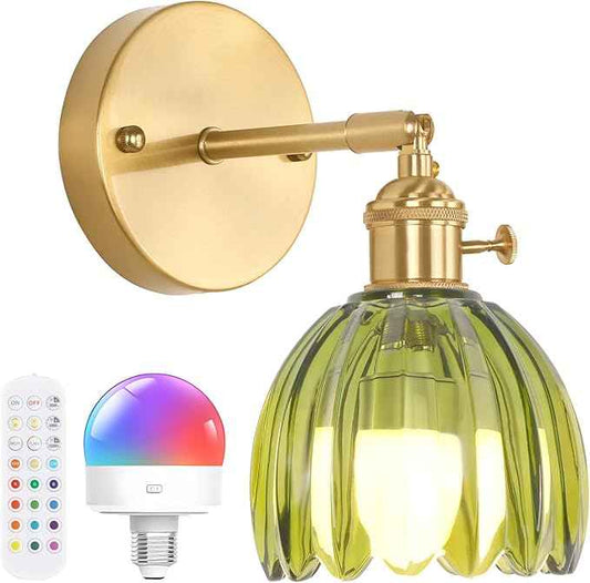 Vintage Battery Operated Wall Sconce with Green Tulip Glass Lampshade Rechargeable Battery Powered Wall Light with Remote Control for Bedside Bedroom Doorway