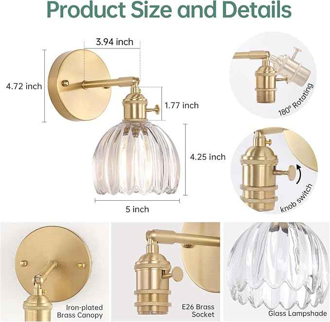 Vintage Wall Sconces with Transparent Tulip Glass Lampshade 180 Degree Adjustable Brass Sconces Hradwired Modern Wall Lighting Fixture with Switch for Bedside Bedroom Doorway