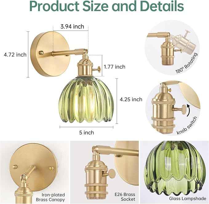 Vintage Wall Sconces with Green Tulip Glass Lampshade 180 Degree Adjustable Brass Sconces Hradwired Modern Wall Lighting Fixture with Switch for Bedside Bedroom Doorway