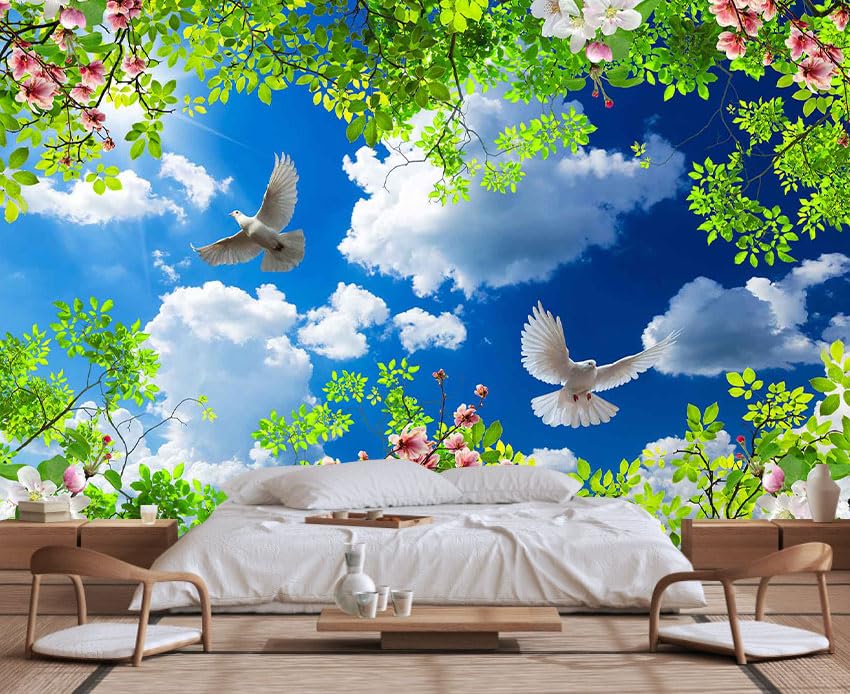 Green Plants Wrapped in Pigeons Flying Freely Under The Blue Sky and White Clouds Wallpaper for Large Background Wall murals