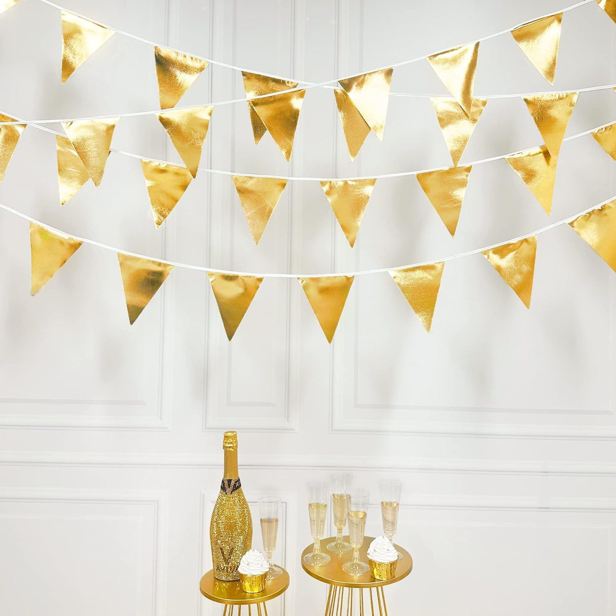 Gold Party Decorations Metallic Fabric Triangle Pennant Banner Gold Flag Bunting Garland for Graduation Birthday Wedding Anniversary Bridal Shower Bachelorette Engagement Hen Party Decoration Supplies - HavenBliss Decor