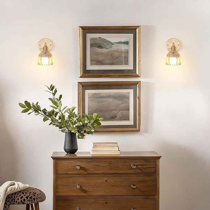 Vintage Battery Operated Wall Sconce with Amber Tulip Glass Lampshade Rechargeable Battery Powered Wall Light with Remote Control for Bedside Bedroom Doorway