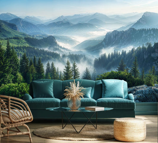 Misty Pine Forest Wall Paper Mural Peel and Stick for Living Room