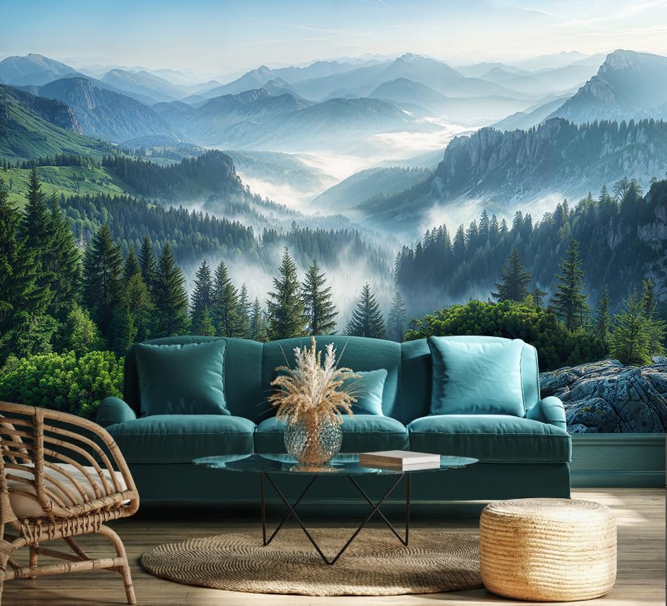 Misty Pine Forest Wallpaper Mountain Landscape Wall Mural Bedroom